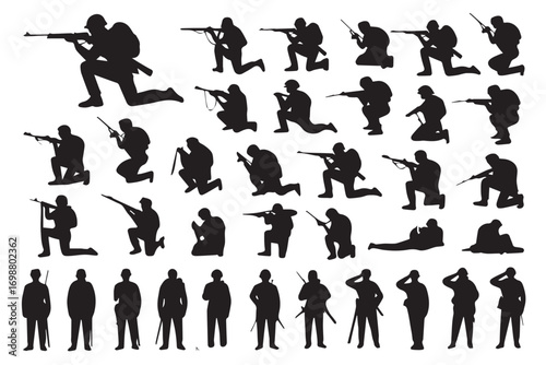 military soldier silhouettes in various combat stances rifle aiming walking crouching prone vector illustration pack
