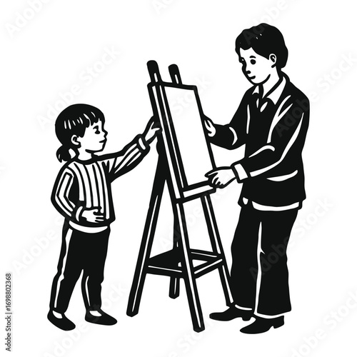 Vector art of a young child and an adult stand at an easel, with the child touching the canvas