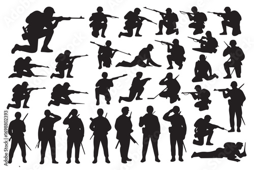 army combat silhouette pack vector of soldiers in action with tactical rifle poses kneeling standing crouching prone
