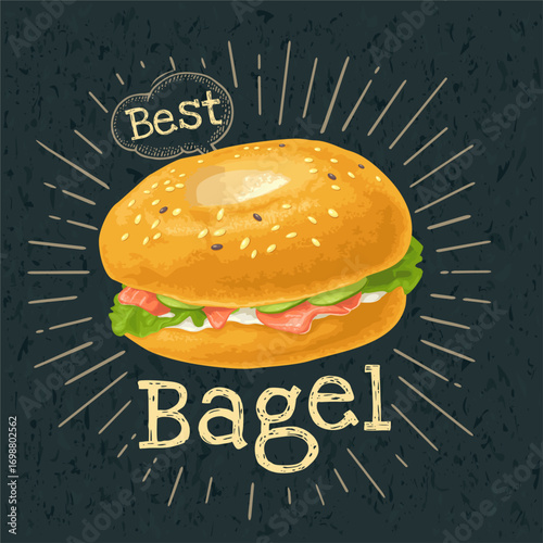 Bagel with salmon, lettuce, cheese, cucumber. Vector color flat illustration for menu fast food. Isolated on black chalkboard with vintage white chalk rays, lettering, bubble star
