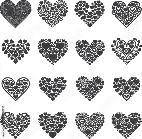 Vector art of a set of sixteen heart designs, each composed of smaller hearts, ideal for expressing love and creating romantic visuals