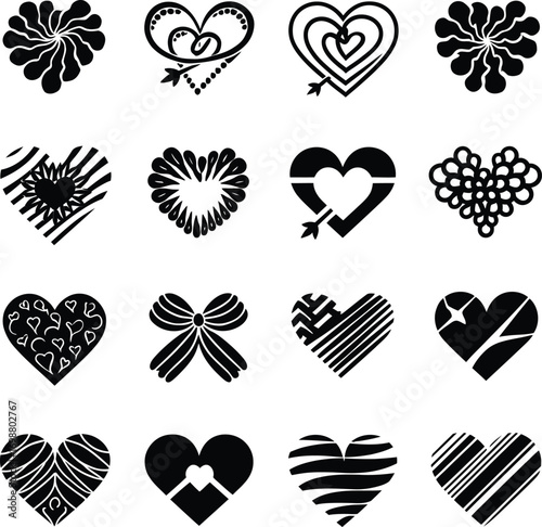 Vector art of collection of sixteen heart shapes, each with a unique design, perfect for valentines day, love themes, and creative projects