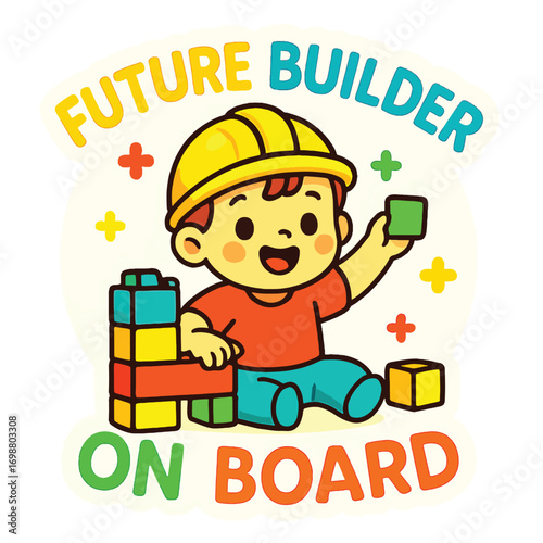 Adorable Cartoon Future Builder Kid Playing with Blocks On Board