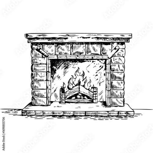 A hand-drawn vector illustration of a stone fireplace with a roaring fire. The fireplace features a classic design with a sturdy mantel and decorative elements.