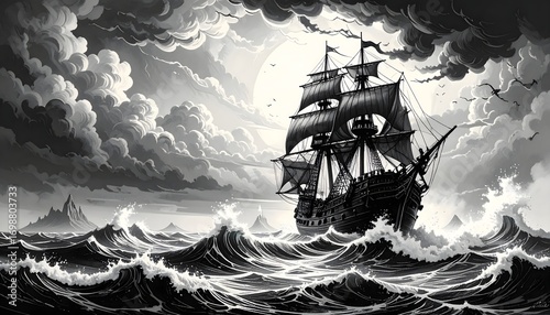 Haunted pirate ghost ship drawing in dramatic stormy sea scene high resolution Image