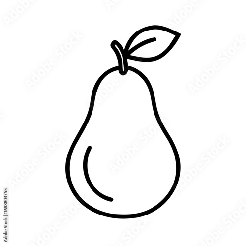 Simple pear icon illustration with a leaf, rendered in clean black lines