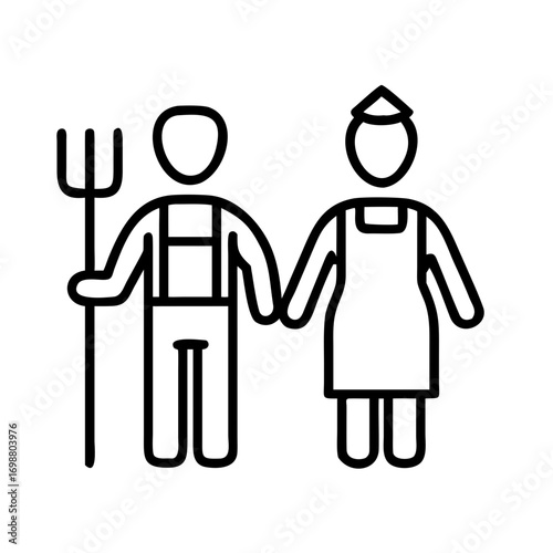 Minimalist depiction of a farming couple holding hands with equipment