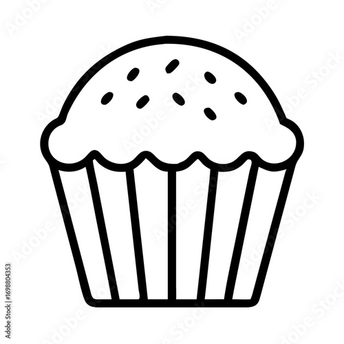 Simple black and white cupcake illustration with sprinkles on top and liners