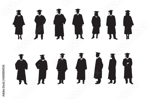 Black silhouettes of graduating students in caps and gowns