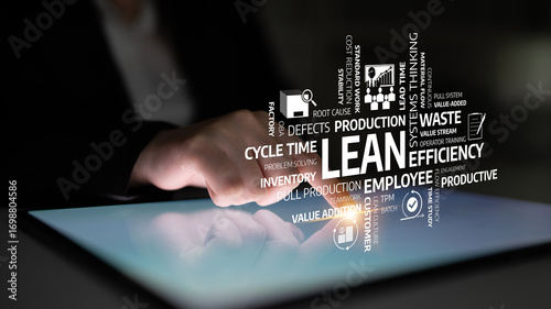 Photography A business professional interacts with a tablet showcasing lean methodology principles such as efficiency, waste reduction, and continuous improvement for effective production