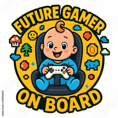 Cute Baby Future Gamer On Board Driving Fun