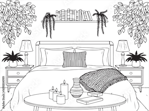 Coloring page of stylish bedroom with cozy decor and furnishings