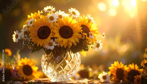 Rustic floral arrangement with bright sunflowers and daisies in vase high resolution mockup Image