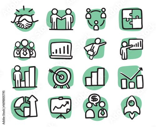 Synergy, deals and business success. Set of hand-drawn conceptual illustrations. Cartoon style in vector.