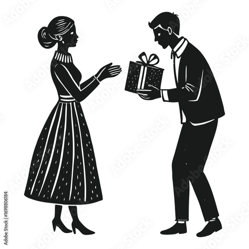 Vector art of man giving a gift box to a woman