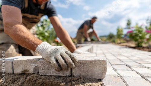 Person wearing gloves is laying stone pavers to create a pathway leading up to a modern single-family home.