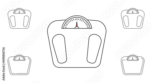 a scale surrounded by various weights for measuring
