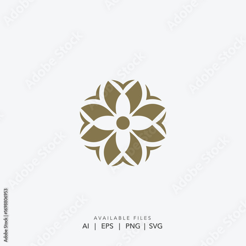 Minimalist golden flower logo for elegant health and wellness brand, Modern simple geometric floral symbol for luxury spa or beauty business, Sophisticated abstract flower emblem for professional corp
