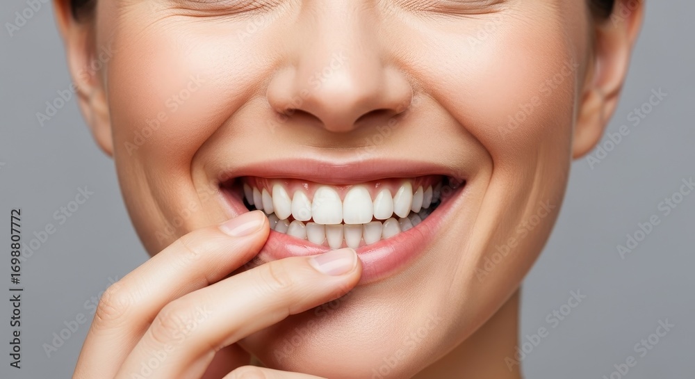 Obraz premium woman's smile, perfectly straight, white teeth. Image represents fantastic results of professional dental care, teeth whitening, oral hygiene. concept for stomatology and cosmetic dentistry.