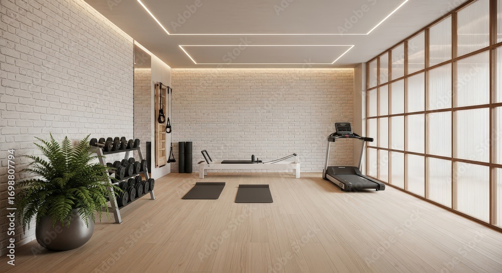 Fototapeta premium Modern home gym with dumbbells, treadmill, and yoga mats
