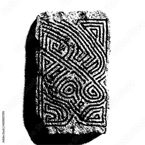 Stone block with intricate labyrinthine pattern featuring geometric shapes and organic line work detail 100