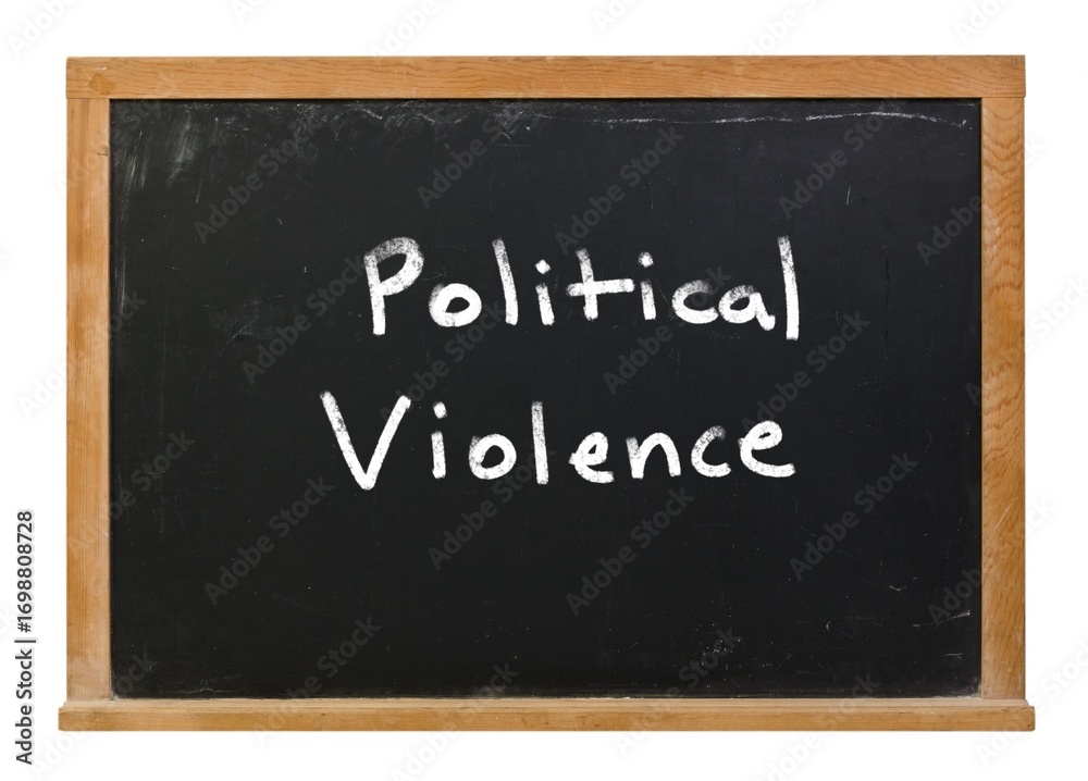 Fototapeta premium Political violence written in white chalk on a black chalkboard in a wooden frame