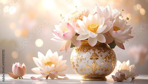 Beautiful lotus flower bouquet arranged in golden detailed vase high resolution image