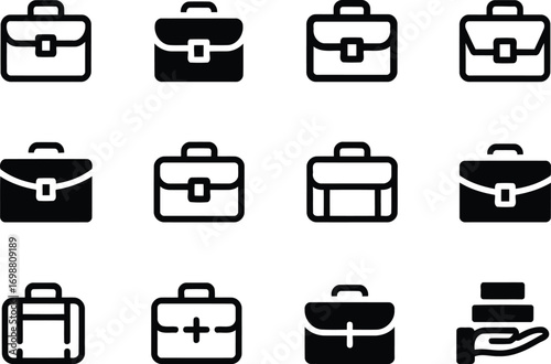 Portfolio of Success A Diverse Collection of Business Briefcases and Financial Growth Symbols Representing Career Advancement and Economic Stability Depicted as Black and White Icons