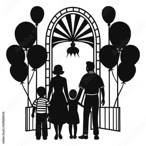 Vector art of family silhouette with balloons in front of an archway