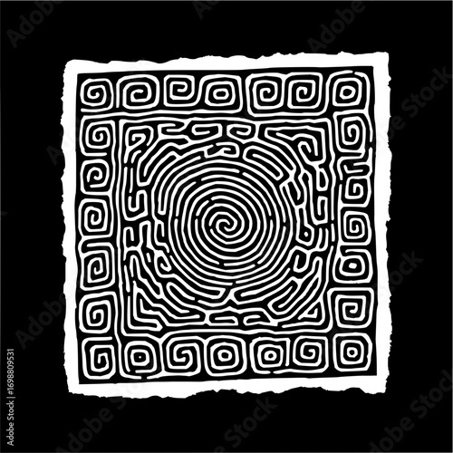 Monochrome square art piece featuring a central spiral maze with a patterned border design element
