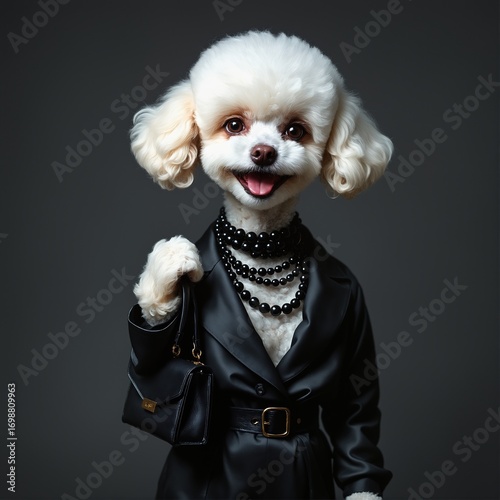 Graceful White Toy Mini Poodle Dog dressed in black stylish suit with handbag and necklace Black Friday sale concept Fashion portrait of anthropomorphic creative animal in elegant pose wearing clothes