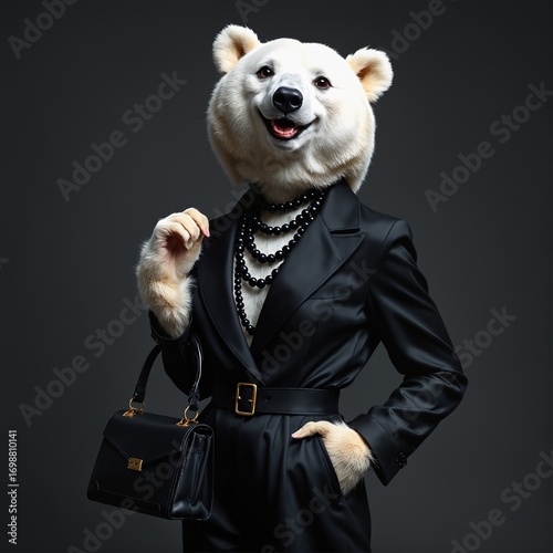 Graceful White Bear dressed in luxurious black stylish suit with handbag and necklace. Black Friday sale concept. Fashion portrait of anthropomorphic creative animal in elegant pose wearing clothes