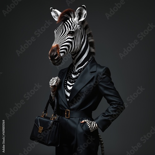 Graceful Zebra dressed in luxurious black stylish suit with handbag and necklace. Black Friday sale concept. Fashion portrait of anthropomorphic creative animal in elegant pose wearing clothes