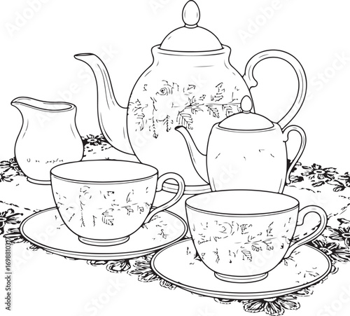 Black and white line art illustration of a tea set with floral patterns teapot