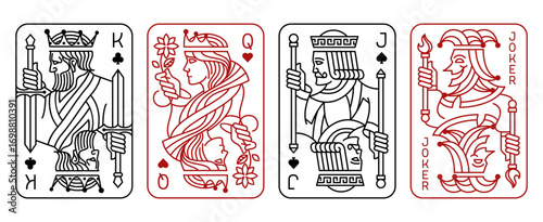 set of King, Queen, Jack, and Joker playing card vector illustration set of hearts, Spade, Diamond and Club, Royal cards design collection