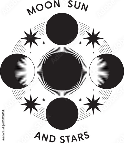 Mystical Moon Sun and Stars Circle Design with Phases and Radiating Rays Vector Illustration