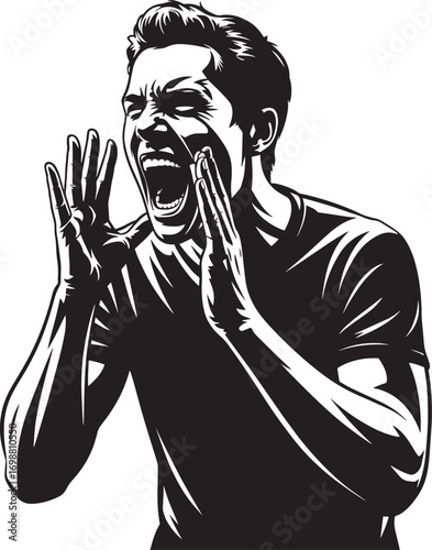 Monochrome Illustration of a Man Shouting with Hands Near Mouth in Vector Format for Graphic Design