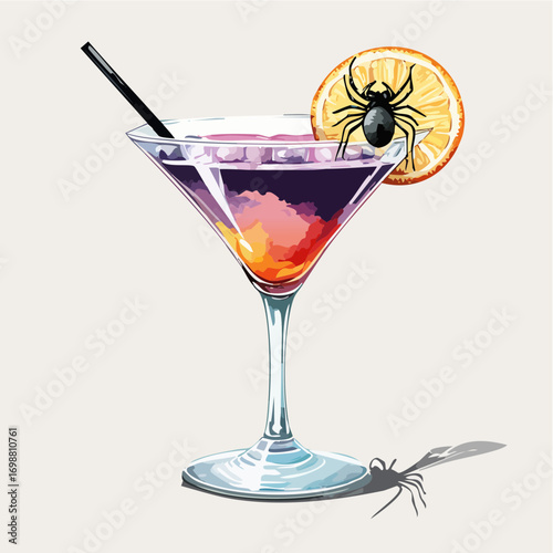Spooky Halloween Cocktail with Spiders and Orange Slice Garnish