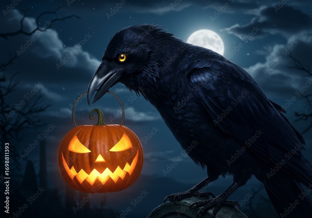 Fototapeta premium Black crow with glowing eyes carrying a pumpkin lantern