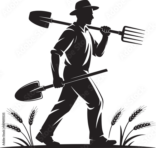 Silhouette of a Farmer with Shovel and Pitchfork Amidst Wheat Field Agriculture Concept