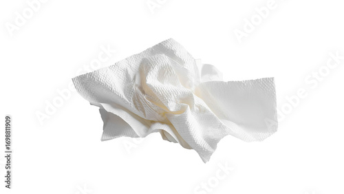 A crumpled, wrinkled white paper napkin or towel on a completely white background.