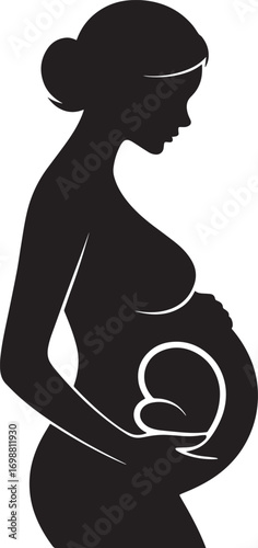 Silhouette of a Pregnant Woman Holding Her Belly with a Heart Shape on a Transparent Backdrop