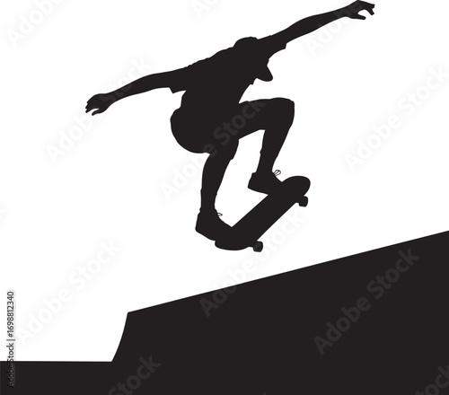 Silhouette of Skateboarder Performing a Trick on Ramp Against Transparent Background Vector
