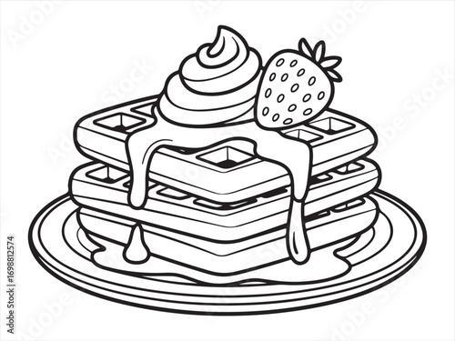 Simple line drawing of delicious waffles with strawberry and syrup for coloring books