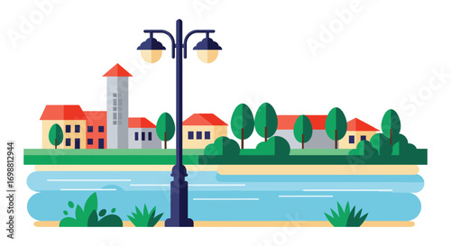 a quaint village scene with houses trees river and streetlamp