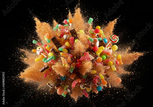 Halloween candy explosion captured in slow motion with vibrant colors