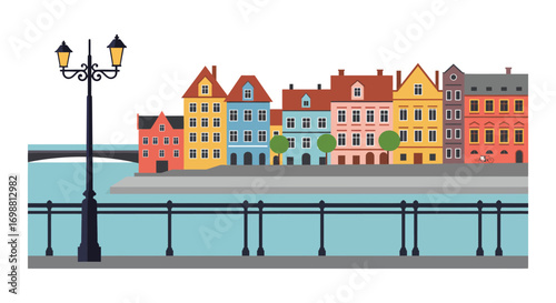 a vibrant riverside town with colorful houses and street lamps