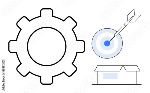 Gear, dart hitting target, and a warehouse represent strategy, productivity, logistics, goal alignment, and supply chain. Ideal for business planning efficiency success achievement teamwork. A
