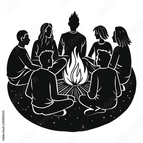 Vector art of group of people sitting around a campfire at night, enjoying the warmth and camaraderie of the outdoor gathering