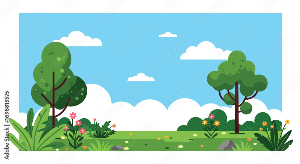 Fototapeta premium a serene landscape with lush green trees and vibrant flowers